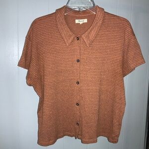 Madewell Earthen Red knit textured button front shirt Sz L cotton blend stretch